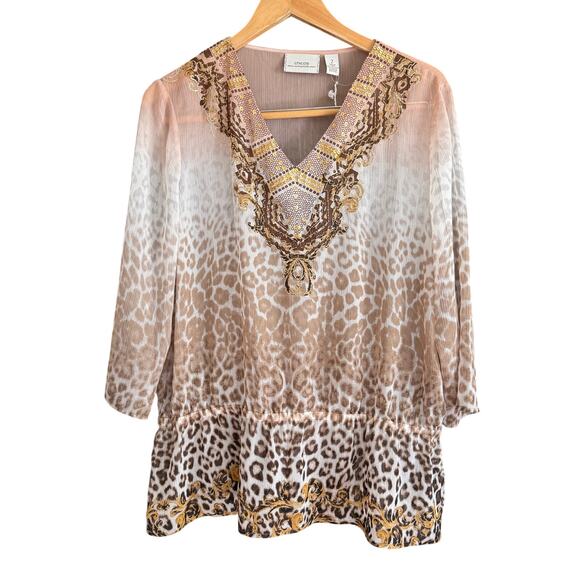 CHICO'S | Leopard Print Sequined V Neck Ruffle Hem Blouse | Large  / Chicos 2 - Picture 1 of 6